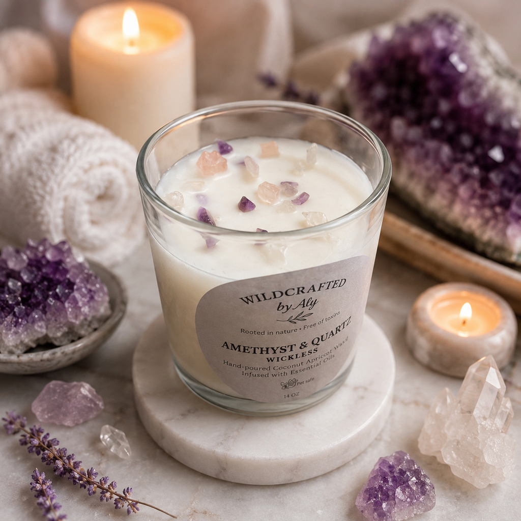 Amethyst & Quartz Wickless Candle 14 oz.